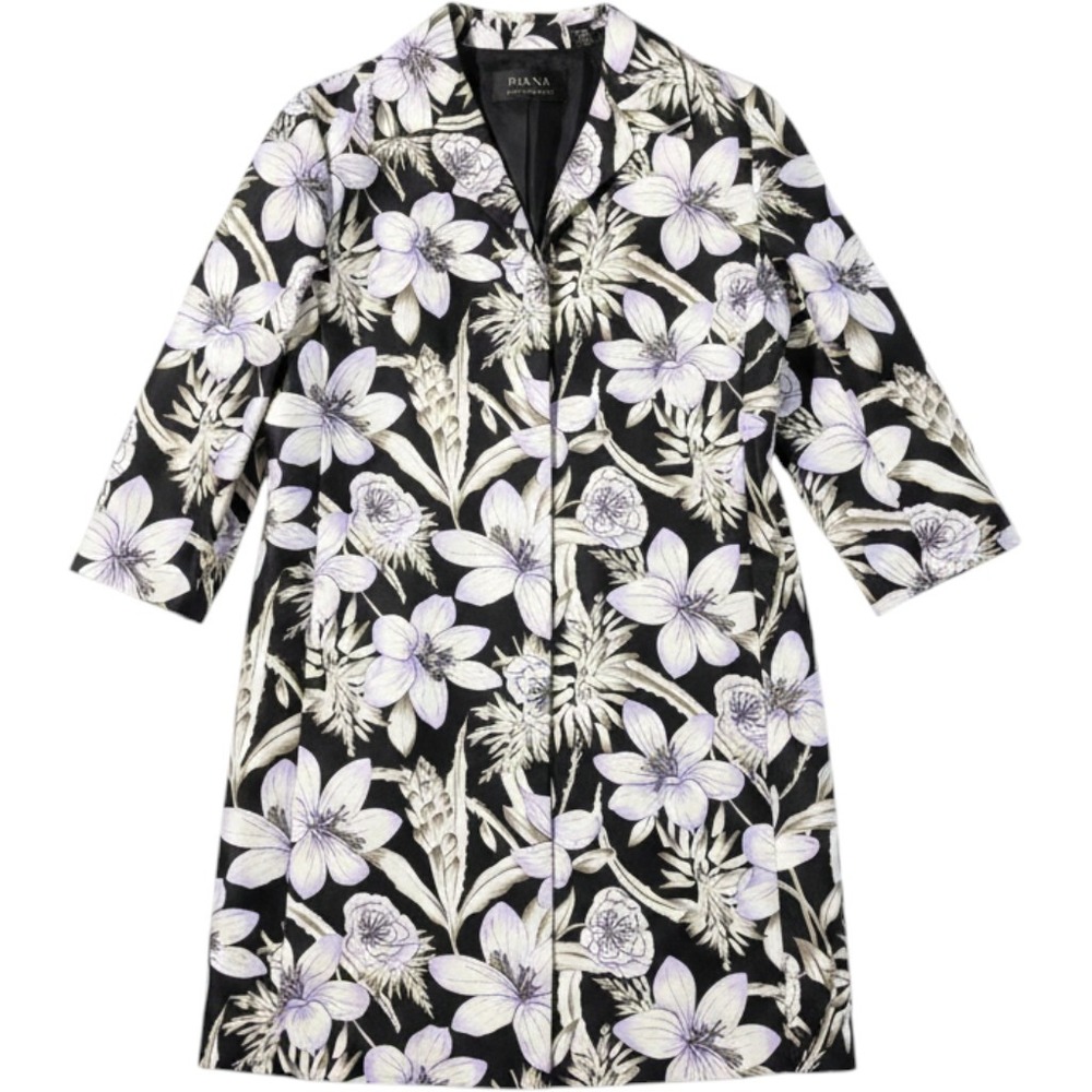 Dana Buchman Silk Floral Duster Coat Black Lavender Purple Lily Print Size 12